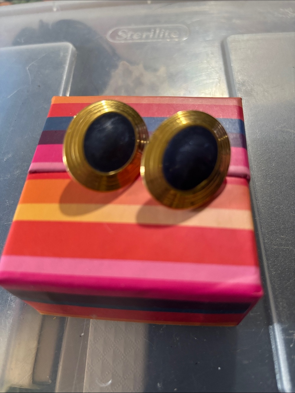 Gold-Tone Earrings with Deep Blue Center Stones